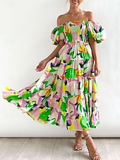 levne květinové šaty-Ženské plus size maxi šaty A-linie šaty mléčná sláma šaty off the shoulder šaty s puff rukávy dovolená outdoor každodenní běžný střih jednobarevné krátký rukáv off shoulder žlutá světlá