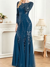 economico NERO-Abito madre della sposa abito elegante festa collo a giro lunghezza a terra cotone misto maniche lunghe con paillettes 2025