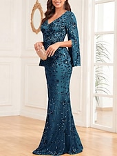 tanie Suknie wieczorowe-Syrena Sukienki na Quinceanera Elegancja Sukienka Ślub Gość weselny Sięgająca podłoża Długi rękaw W serek Spandeks z Cekin 2025