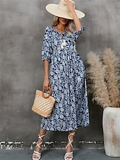 economico Abito Floreale-Abito Midi Donne Abito A Line Abito Fit And Flare Bohemia Vacanza Maniche A Lanterne Casual Quotidiano Fit Regolare Grafica Mezza Manica Collo a V Blu Navy Estate Primavera