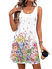cheap Floral Dress-Women&#039;s Mini Dress A Line Dress Summer Dress Off The Shoulder Dress Vacation Daily Loose Fit Ombre Floral Graphic Sleeveless U Neck White Summer Spring