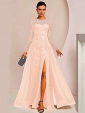 abordables Longueur du plancher-Robe de mère de la mariée A-Line pour invitée de mariage élégante col bijou longueur de sol en chiffon dentelle sequins à manches longues avec plissage avant couleur unie taille personnalisée gratuite