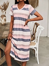 levne Pruhované a geometrické šaty-Ženské maxi šaty tričkové šaty T-shirt šaty A-line šaty dovolená každodenní regular fit grafický geometrický krátký rukáv V výstřih růžová léto jaro podzim