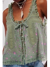 cheap Lace Tops-Women&#039;s T Shirt Blouse Plain Fashion Sleeveless V Neck Regular Tops Going out Weekend Lace Black White Brown Green Summer