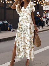 cheap Easter Dresses-Women&#039;s Maxi Dress A Line Dress Summer Dress Casual Vacation Daily Regular Fit Floral Graphic Animal Short Sleeve V Neck Light Yellow Spring Fall