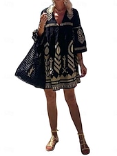 abordables Robes Boho-Femmes Mini Robe Robe trapèze Occasionnel Extérieur Sortir Coupe régulière Graphique Géométrique Manche 3/4 Col en V Noir Été