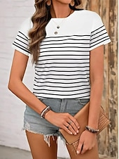 preiswerte Streifen- und geometrisches T-Shirt-Damen T Shirt Gestreift Brautkleider schlicht Kurzarm Rundhalsausschnitt Normale Oberteile Täglich Ausgehen Wochenende Bedruckt Schwarz Weiß Sommer