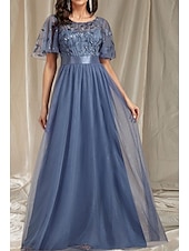 cheap Wedding Guest Dresses-A-Line Wedding Guest Dresses Elegant Dress Wedding Guest Floor Length Short Sleeve Crew Neck Fall Wedding Guest Lace with Glitter Sequin