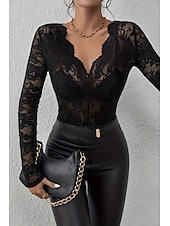 preiswerte Spitzenoberteile-Damen Spitzenhemd Bluse Glatt Stilvoll Langarm V Ausschnitt Normale Oberteile Täglich Ausgehen Spitze Schwarz Weiß Wein Sommer