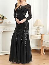 economico NERO-Abito madre della sposa abito elegante festa collo a giro lunghezza a terra cotone misto maniche lunghe con paillettes 2025