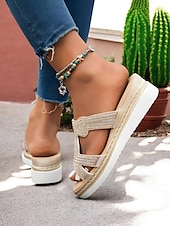 cheap Vacation Sandals-Women&#039;s Rhinestone Wedge Sandals – Elegant Slip-On Platform Slides for Summer, Beach, and Casual Outings