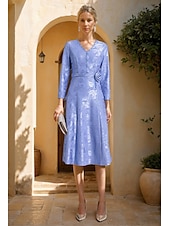 cheap Tea Length-A-Line Dress Mother of the Bride Beaded Dress Elegant Vintage Simple V Neck Tea Length Jacquard Long Sleeve with Flower Wedding Guest Dress