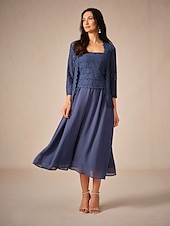 ieftine Rochii Party-Pentru femei Set de rochii Rochie A line Rochii Semi Formale Dantelă Rochii Midi Lungime Manșon 3/4 Pătrat Invitat la nunta Bleumarin Vară Primăvară Fit regulat