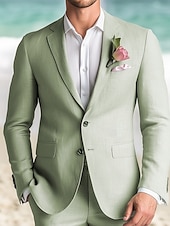 preiswerte Hochzeitsanzüge-Herren Strandhochzeits Leinenanzüge Salbeigrün Mode Lässig Sommer Einfarbig Standardpassform 2-teilig Einreiher Zwei Knöpfe