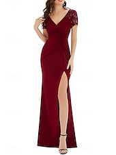 abordables Robes pour invitées de mariage-Sirène / Trompette Robes pour invités de mariage Élégant Robe robe demoiselle d honneur Longueur au sol Manche Courte Col en V Invité de mariage d&#039;automne Dentelle avec Froncé Fente 2025