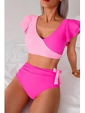 preiswerte Bikini-Sets-Damen Badeanzug Bikini Bademode Hoch tailliert Tropisch Strandbekleidung Farbblock V-förmiger Draht-Ausschnitt Ärmellos Badeanzüge