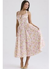 cheap Dresses-Retro Vintage Medieval Renaissance Midi Dress Flare Dress Ren Faire Halter Regency Inspired Floral Women&#039;s Masquerade Wedding Vacation Casual Daily Adults&#039; Dress Summer