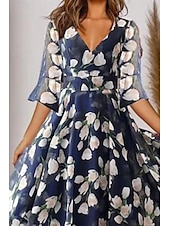 voordelige Casual bloemenjurken-Dames Halflange jurk Swingjurk Jurk met print Modieus Buiten Uitgaan Weekend Normale pasvorm Bloem Halve mouw V-hals blauw Zomer