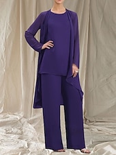 baratos Comprimento do chão-Macacão  Conjunto de Calça 3 Peças Mãe da Noiva Vestido de Convidada de Casamento Elegante Gola Redonda Comprimento Total Chiffon Manga Longa com Babados