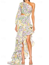 cheap YELLOW-Mermaid / Trumpet Evening Gown Elegant Dress Wedding Wedding Guest Floor Length Long Sleeve One Shoulder Asymmetrical Neckline Satin with Floral Print Pleats Ruffles Wedding Guest Dress 2025