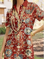preiswerte Boho Kleid-Damen Midikleid A Linie Kleid Urlaub Lässig Täglich Date Normale Passform Grafik Geometrisch Kurzarm Hemdkragen Wein Sommer