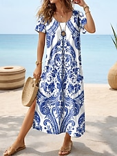 billiga Boho klänningar-Dam Midiklänning Solklänning A linjeklänning Semester Ledigt Boho Fjäril Semester Strand Normal Blommig Grafisk Kortärmad Rund halsringning vit blå Vit Blå Grön Sommar