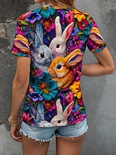お買い得  イースターTシャツ-イースター 女性用 ブラウス フラワー グラフィック 動物 カジュアル 半袖 Ｖネック レギュラートップス 日常 プリント レインボー 夏 春
