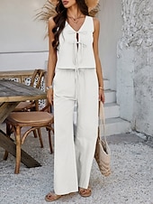 cheap Sets-Women&#039;s Active Basic Linen-Inspired Sets Two Piece Sets Vest Sleeveless V Neck Solid Color Lace up Casual Daily White Wine Dark Navy Summer Regular Fit