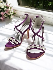 abordables Sandales de Robe-Escarpins à talons aiguilles en satin violet pour femme avec brides en strass – sandales élégantes pour cocktail