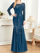 economico NERO-Abito madre della sposa abito elegante festa collo a giro lunghezza a terra cotone misto maniche lunghe con paillettes 2025