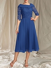preiswerte Teelänge-A-Linie Brautmutterkleid Hochzeitsgast Elegante gewellte Ausschnitt Tee-Länge Chiffon Spitze Halbarm mit Spitze Perlen Midi Kleid 2025