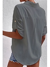 preiswerte Hemden-Damen Hemd Baumwoll-Leinen-Hemden Knopfleiste Bluse Einfach Basic Lässig Kurzarm Hemdkragen Normale Oberteile Ferien Ausgehen Knöpfe Tasche Schwarz Weiß Marineblau Khaki Grau Sommer