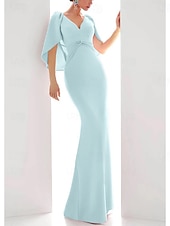 abordables ROUGE-Robe de soirée en ligne élégante robe formelle automne longueur au sol à manches courtes décolleté en V en chiffon extensible avec volants froncés 2025