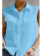 voordelige Overhemden-Dames Overhemd Knoop omhoog Blouse Effen Basic Modern Casual Mouwloos Overhemdkraag Normale tops Dagelijks Uitgaan Knop Zak Zwart Wit Licht Blauw Zomer