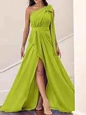 baratos Vestidos para Madrinhas-Vestido de mãe da noiva em corte A, elegante, vintage, simples, um ombro, comprimento até o chão, chiffon, sem mangas, com laço(s), cor sólida, fenda 2025