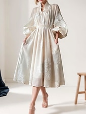 abordables Longueur du thé-Robe Mère de la Mariée Élégante Vintage Simple Décolleté en V Longueur Thé Mélange de Coton Manches Longues avec Broderie Robe Midi Robe d&#039;Invitée de Mariage