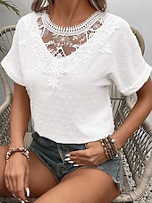 abordables T-shirt uni-T-shirt femme couleur unie plain mode moderne décontractée manches courtes col rond hauts réguliers quotidien week-end dentelle patchwork blanc été