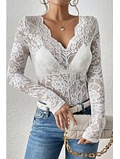 preiswerte Spitzenoberteile-Damen Spitzenhemd Bluse Glatt Stilvoll Langarm V Ausschnitt Normale Oberteile Täglich Ausgehen Spitze Schwarz Weiß Wein Sommer