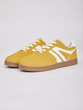 abordables Baskets femme-Baskets basses rétro jaunes pour femmes - Chaussures décontractées à lacets vintage, confortables au quotidien pour un style urbain et extérieur
