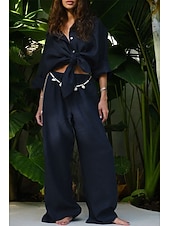 cheap Essential Faux Co-ord Sets-Women's Shirt Two Piece Sets Pants Sets Long Sleeve Shirt Collar Solid Color Dubbele Rij Knopen Fashion Basic Vacation Casual Daily White Red Dark Navy Summer Regular Fit