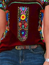 cheap Boho tee-Women&#039;s T Shirt Peasant Blouse Floral Bohemia Active Western Short Sleeve Crew Neck Regular Tops Daily Print Black Wine Blue Gray Summer