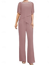 cheap Mom&#039;s Pant Suits-Pantsuit Mother of the Bride Dress Wedding Guest Elegant Simple Square Neck Floor Length Polyester Short Sleeve with Solid Color