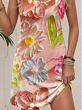 ieftine Rochii florale-Pentru femei Rochie Mini Rochie A line Rochie de vară Rochie cu umeri Casual Rochii Semi Formale Zilnic Dată Potrivire Largă Floral Grafic Fără manșon În U Roz Îmbujorat Vară