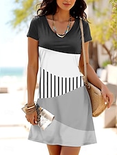 ieftine Rochii cu dungi și geometrice-Pentru femei Rochie Mini Rochii Tricou Rochie A line Rochie de vară Casual Zilnic Fit regulat Grafic Geometric Dungi Manșon scurt Crewneck Negru Albastru piscină Maro Trifoi Vară Primăvară