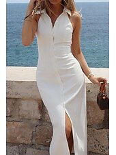ieftine Rochii de absolvire-Pentru femei Rochii Midi Rochie albă Rochie de absolvire Modă Zi de Naștere Concediu Absolvire Fit regulat Simplu Fără manșon Guler Cămașă Negru Alb Vară