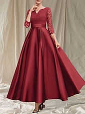 billiga Golvlängd-A-linje brudens mor klänning bröllopsgäst Elegant V-hals golvlängd satinspets 3/4 längd ärm med spets