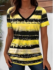 billige Stripe og geometrisk t-skjorte-Dame T skjorte hav Stripet Fritid Kortermet V-hals Vanlige topper Daglig Ut på byen Helg Trykt mønster Gul Rosa Blå Lilla Oransje Sommer