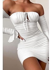 cheap White Graduation Dresses-Women&#039;s Mini Dress White Dress Graduation Dress Bodycon Elegant Fashion Birthday Graduation Date Regular Fit Plain Long Sleeve Off Shoulder Black White Light Green Wine Summer