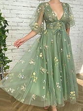 levne Plesové šaty-Šaty plesová toaleta elegantní šaty večerní párty do podlahy bez rukávů V-krk krajka bez zad s květinovým potiskem