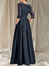 billiga Golvlängd-A-linjeformad Mor till Bruden Klänning Bröllop Gäst Elegant V-ringad Golvlängd Satin Spets 3/4 Längd Ärmar Med Spetsrosett Fickor